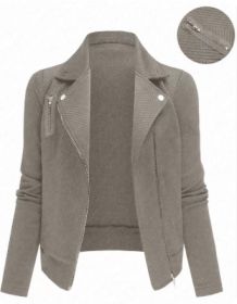 Women's Oblique Zipper Fastener Decoration Slim Casual Jacket (Option: Khaki gray-M)