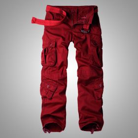 Three-dimensional Pocket Overalls Men's Multi-pocket (Option: Wine red-S)