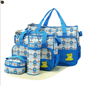 5PCS Baby Nappy Diaper Bags Set Mummy Diaper Shoulder Bags W Nappy Changing Pad Insulated Pockets Travel Tote Bags (Option: Blue)