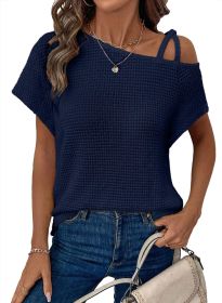 Women's Short-sleeved Solid Color Top Fashionable All-match Off-shoulder Knitted T-shirt (Option: Navy blue-Xl)