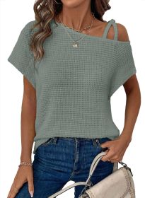 Women's Short-sleeved Solid Color Top Fashionable All-match Off-shoulder Knitted T-shirt (Option: Green-Xl)