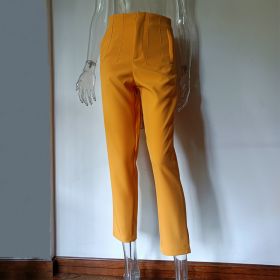 Pleated Casual High Waist Pure Color Slim-fit Basic Pants (Option: Yellow-M)