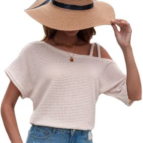 Women's Short-sleeved Solid Color Top Fashionable All-match Off-shoulder Knitted T-shirt (Option: Milky White-XL)