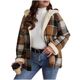 Plaid Printed Coat Fleece-lined Thickened Composite Hooded (Option: Brown-Xl)