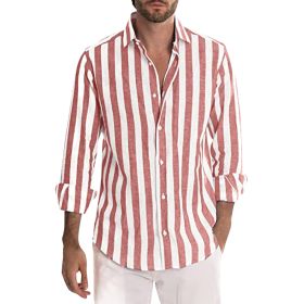 Men's Yarn-dyed Striped Casual Loose Long-sleeved Shirt (Option: Red-L)