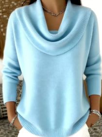 Women Soft-Shine Relaxed Round Neck Knit Sweater (Option: Light Blue-3XL)