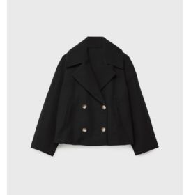 Ins Double-breasted Lapel Blazer Jacket Fashion Loose Woolen Short Coat Elegant Commuting Women's Clothing (Option: Black-XL)