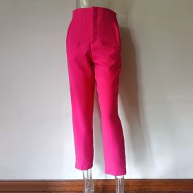 Pleated Casual High Waist Pure Color Slim-fit Basic Pants (Option: Rose red-XL)