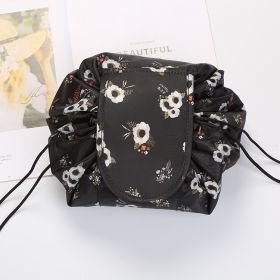 Animal Printing Large Capacity Drawstring Lazy Cosmetic Storage Bag (Option: Black flower)