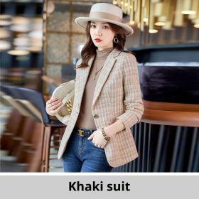Casual Plaid Autumn Western Style Women's Clothing Long Coat (Option: Khaki-XXL)