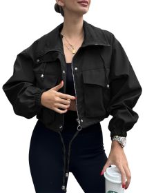 Solid Color Women's Short Jacket Zipper Trench Coat (Option: Black-S)