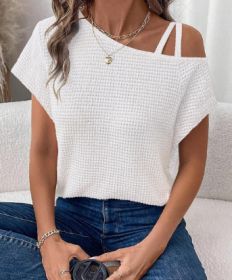 Women's Short-sleeved Solid Color Top Fashionable All-match Off-shoulder Knitted T-shirt (Option: White-Xl)
