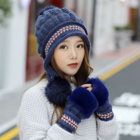 Cozy Knit Fleece-Feel Beanie With Ear Flaps & Pompom Warm Winter Hat For Women Perfect For Skiing & Outdoor Activities (Option: Blue-With gloves)