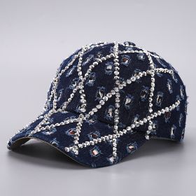 Ripped Diamond Denim Baseball Cap Leopard Rhinestone Fashion Peaked Cap (Option: Dark Blue-Adjustable)
