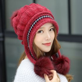 Cozy Knit Fleece-Feel Beanie With Ear Flaps & Pompom Warm Winter Hat For Women Perfect For Skiing & Outdoor Activities (Option: Red-Without gloves)