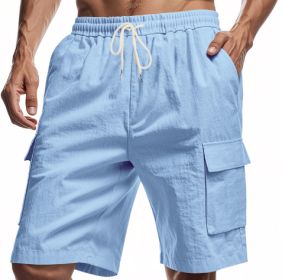 Loose Sports And Leisure Solid Color Linen Drawstring Shorts (Option: L-Light Blue)