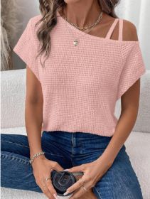 Women's Short-sleeved Solid Color Top Fashionable All-match Off-shoulder Knitted T-shirt (Option: Pink-S)