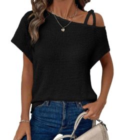 Women's Short-sleeved Solid Color Top Fashionable All-match Off-shoulder Knitted T-shirt (Option: Black-S)