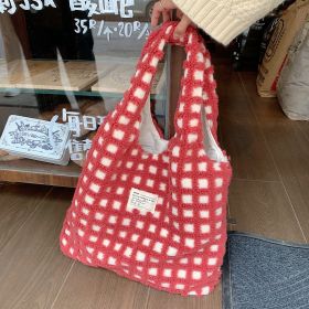 Waffle Flannel Bag Tote Bag Large Capacity Commute Minimalist Student Class Bag (Option: Red Grid)