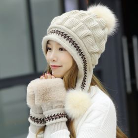 Cozy Knit Fleece-Feel Beanie With Ear Flaps & Pompom Warm Winter Hat For Women Perfect For Skiing & Outdoor Activities (Option: Beige-With gloves)