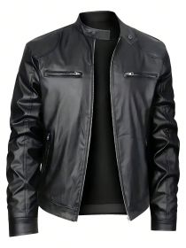 Men's Stand-up Collar Leather Jacket Business Casual Jacket (Option: Black-XL)