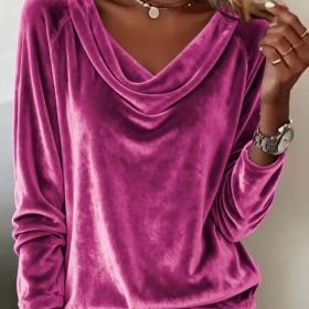 Elegant Velvet Long Sleeve Shirts For Women Fall Spring Solid Color Loose Women Blouses Fashion Pullover Tops Party Clothes (Option: Hot pink-2XL)