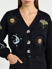 New Women's Embroidery Button Knitted Cardigan Sweater With Sun And Moon Pattern Lantern Sleeves V-neck Cardigan Top (Option: L)