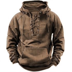 Ins Lace-up Hoodie Casual Sports Pocket Sweatshirt Men's Long-sleeved Top Clothing (Option: Khaki-S)