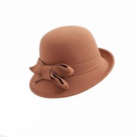 Women's French-style Elegant Retro Woolen Bowler Hat Curling Bow (Option: MM1966 Khaki-Free Size)