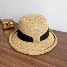 French Straw Sun Protection Bow Curling Temperament Straw Hat (Option: Black-M)