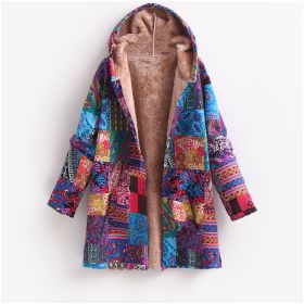 Women's Cotton And Linen Printed Hoodie Warm Plush Coat (Option: Blue-S)