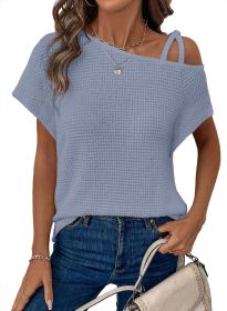 Women's Short-sleeved Solid Color Top Fashionable All-match Off-shoulder Knitted T-shirt (Option: Sky Blue-L)