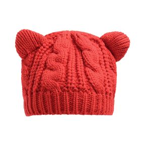 Hand Made 3D Cute Knitted Cat Ear Beanie For Winter (Option: Red)