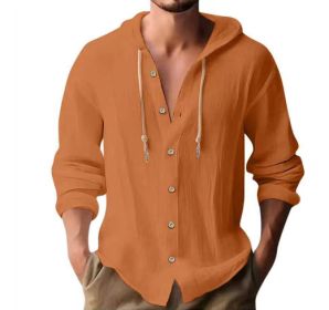 Cotton And Linen Shirt Hooded Sweater Button Long Sleeve (Option: Orange-XXL)