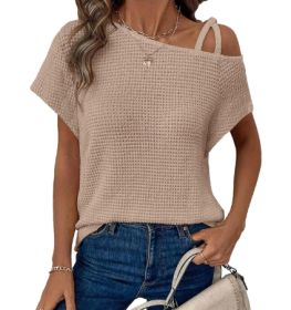 Women's Short-sleeved Solid Color Top Fashionable All-match Off-shoulder Knitted T-shirt (Option: Apricot-XXL)