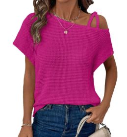 Women's Short-sleeved Solid Color Top Fashionable All-match Off-shoulder Knitted T-shirt (Option: Deep pink-XL)