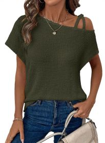 Women's Short-sleeved Solid Color Top Fashionable All-match Off-shoulder Knitted T-shirt (Option: Army Green-XXL)