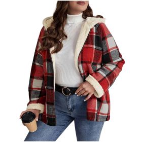 Plaid Printed Coat Fleece-lined Thickened Composite Hooded (Option: Red-XXL)