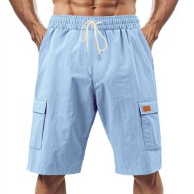 Loose Sports And Leisure Solid Color Linen Drawstring Shorts (Option: XL-Light Blue with Label)