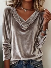 Elegant Velvet Long Sleeve Shirts For Women Fall Spring Solid Color Loose Women Blouses Fashion Pullover Tops Party Clothes (Option: Grey-M)