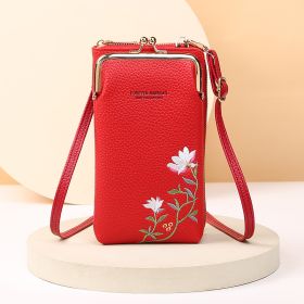 Flower Embroidery Phone Bag With Lock Buckle Outdoor Long Wallet Fashion Shoulder And Crossbody Bags (Option: Red)