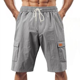 Loose Sports And Leisure Solid Color Linen Drawstring Shorts (Option: M-Grey with Label)