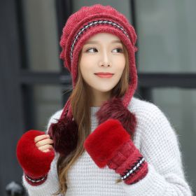 Cozy Knit Fleece-Feel Beanie With Ear Flaps & Pompom Warm Winter Hat For Women Perfect For Skiing & Outdoor Activities (Option: Red-With gloves)