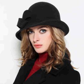 Women's French-style Elegant Retro Woolen Bowler Hat Curling Bow (Option: MM1966 Black-Free Size)