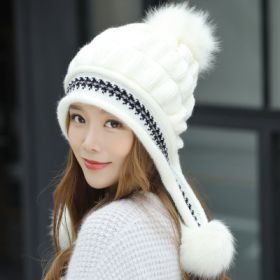 Cozy Knit Fleece-Feel Beanie With Ear Flaps & Pompom Warm Winter Hat For Women Perfect For Skiing & Outdoor Activities (Option: White-Without)