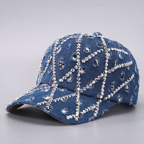 Ripped Diamond Denim Baseball Cap Leopard Rhinestone Fashion Peaked Cap (Option: Denim Blue-Adjustable)