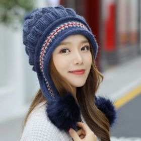 Cozy Knit Fleece-Feel Beanie With Ear Flaps & Pompom Warm Winter Hat For Women Perfect For Skiing & Outdoor Activities (Option: Blue-Without gloves)