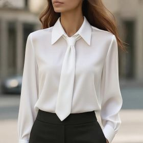 Women's Solid Color Long Sleeve Classic Shirt - Machine Washable Versatile Top For Casual & Office Wear (Option: White-L)