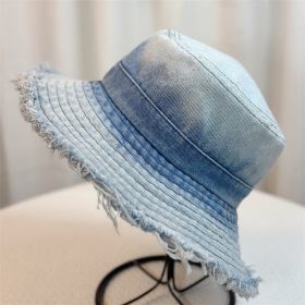 Big Head Circumference Bucket Bucket Hat Distressed Sun-proof Face-showing Small Hat (Option: Light Blue-Adult Average Size)