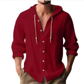 Cotton And Linen Shirt Hooded Sweater Button Long Sleeve (Option: Red-L)